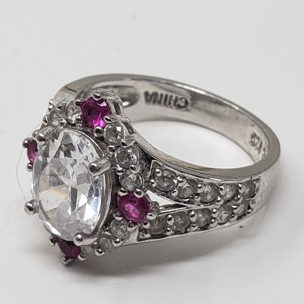 Sterling Silver Clear & Pink Cz Ring